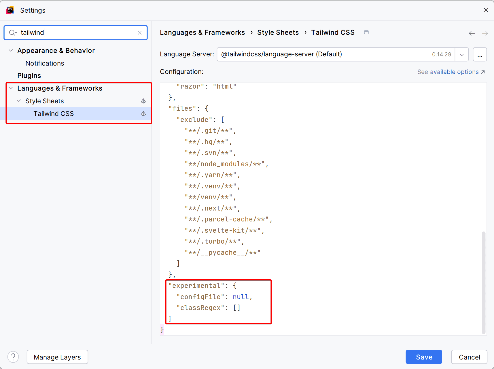 The default Tailwind language server settings